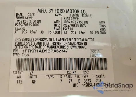 2011 Ford Ranger z USA, uszkodzony, nr VIN 1FTKR1AD5BPA62347